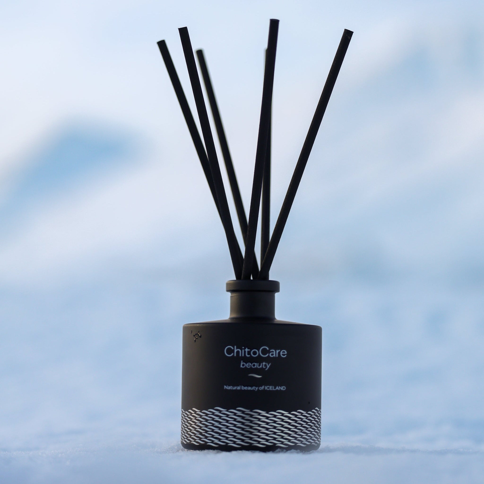 Black diffuser with sticks against a blurred blue sky background