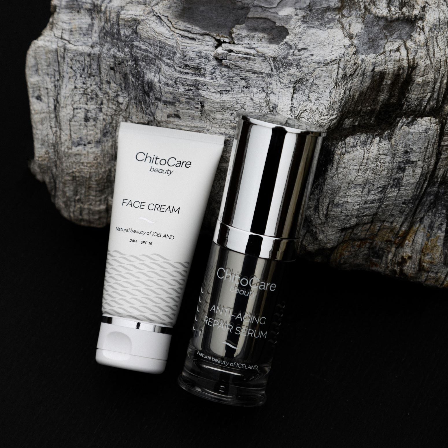 ChitoCare skincare products on a dark background with a lava background.