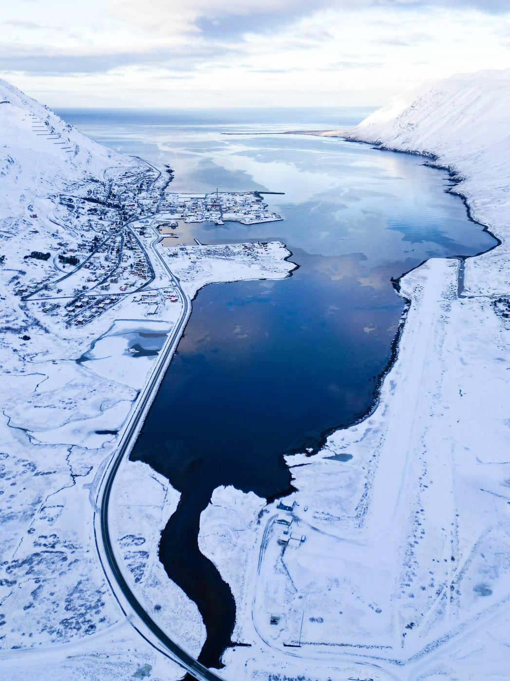 Aerial view of Siglufjordur in winter