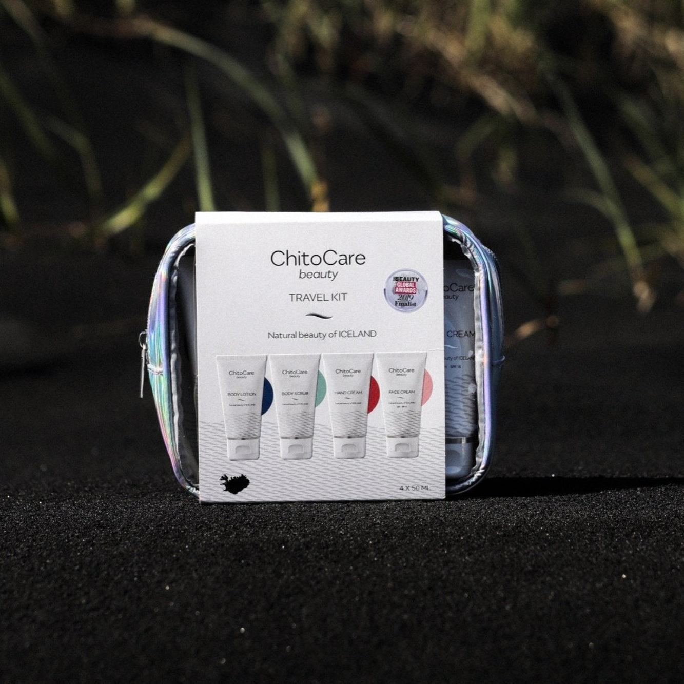 Image of ChitoCare Beauty Travel Kit, containing four 50ml tubes with body scrub, body lotion, hand cream and face cream.