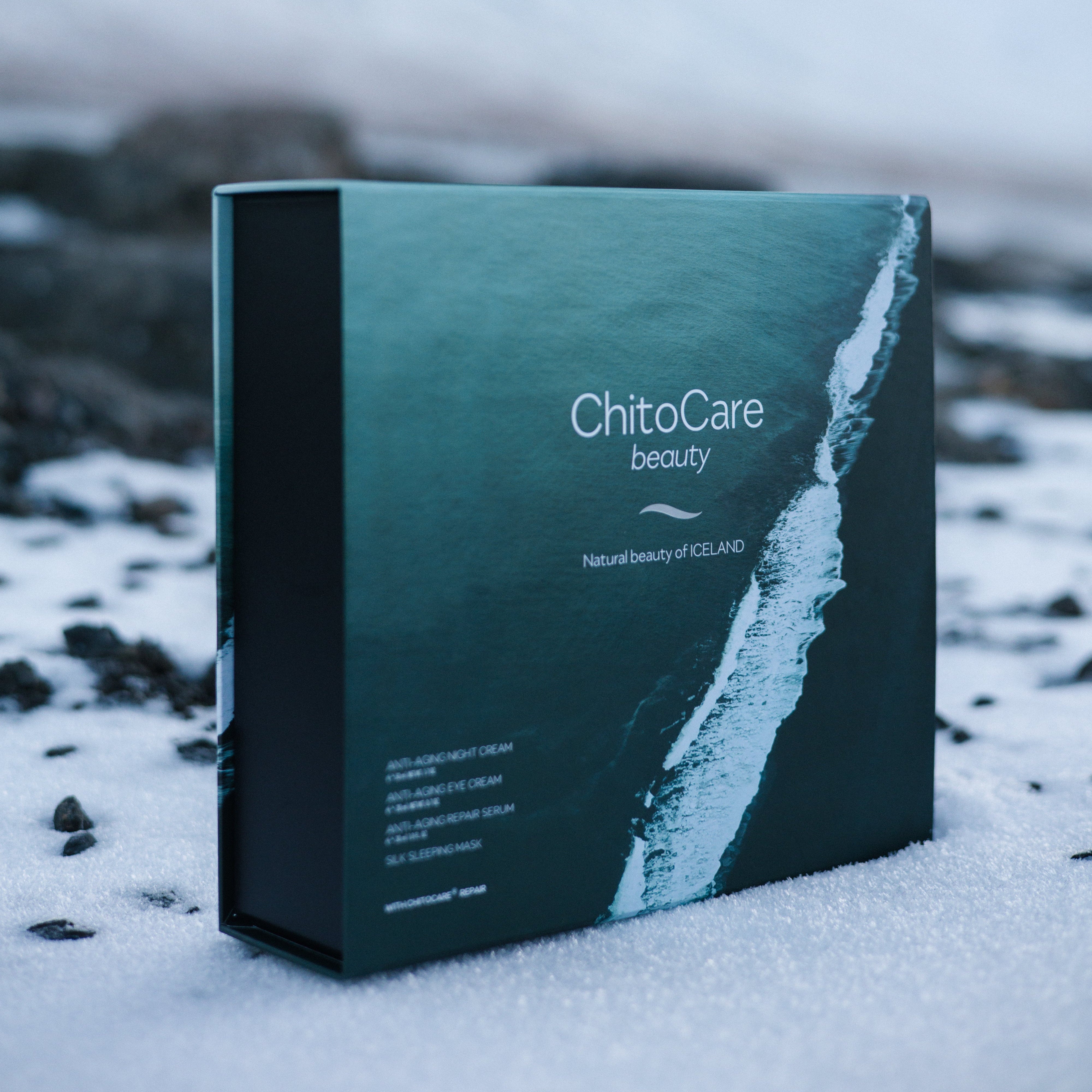 ChitoCare beauty product box in a snowy landscape