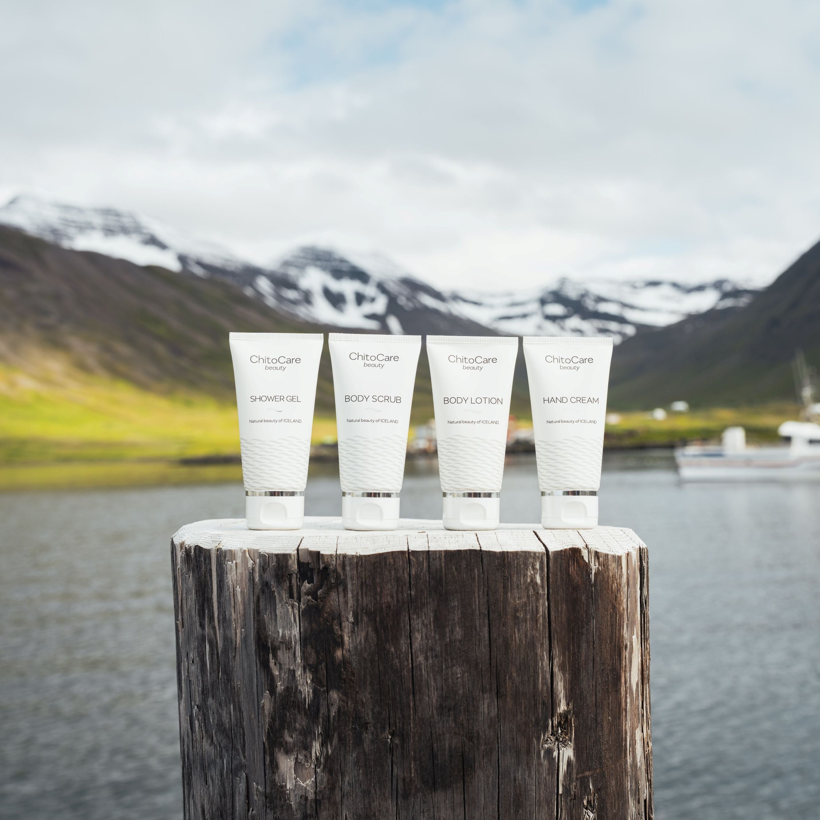Three skincare products on a wooden post with a scenic mountain and water background