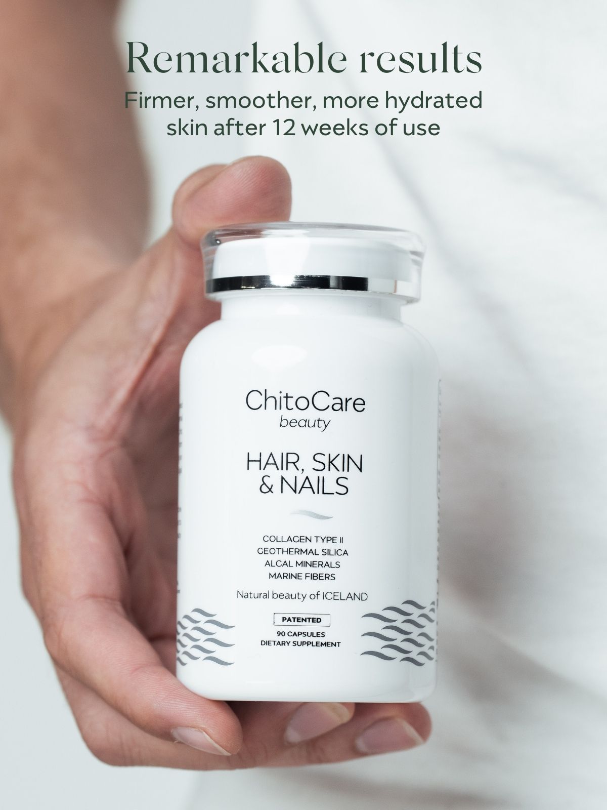 Hand holding a ChitoCare beauty supplement bottle with text about skin benefits.